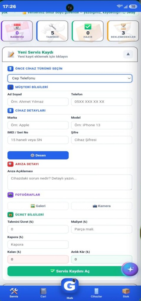 Service Tracker app screen